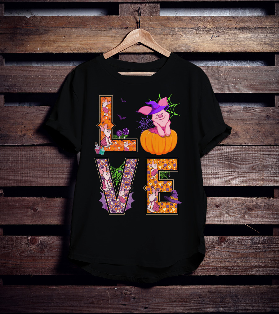 Love Piglet Halloween Pumpkin Bat Spiderwebs T-Shirt