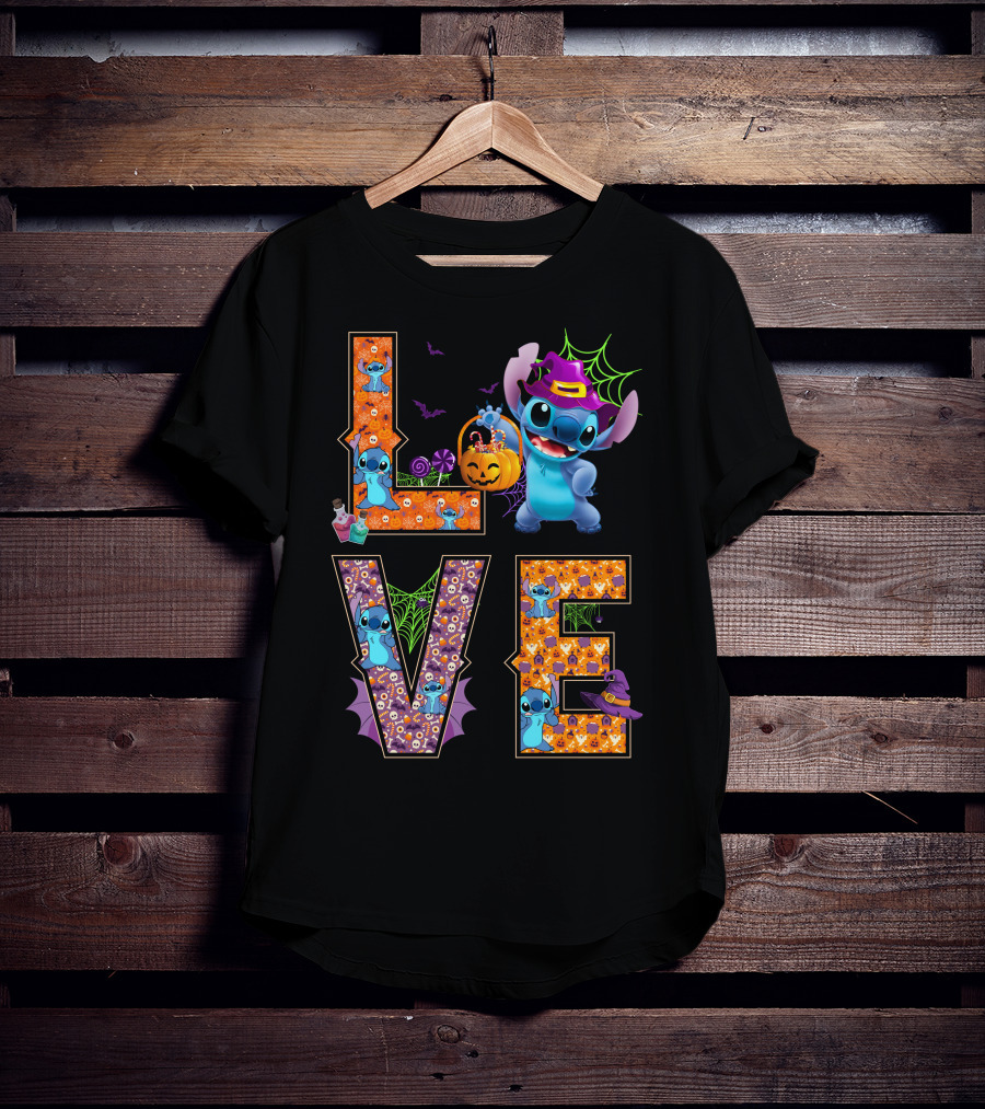 Stitch Halloween Love With Witch Hat And Pumpkin T-Shirt