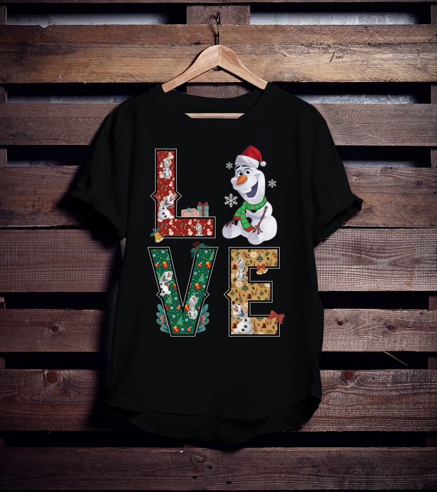 Love Olaf Christmas Snowman Santa Hat Scarf Snowflake Gifts T-Shirt