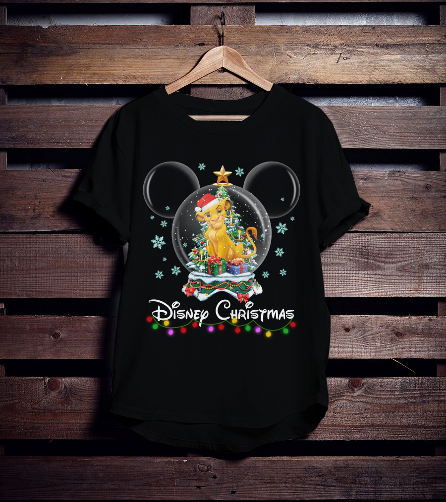 Disney Christmas Simba Snow Globe With Presents And Christmas Tree T-Shirt