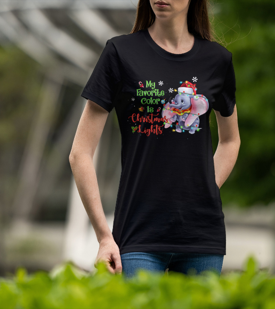 My Favorite Color Is Christmas Lights Dumbo Elephant Santa Hat Snowflakes Garland T-Shirt