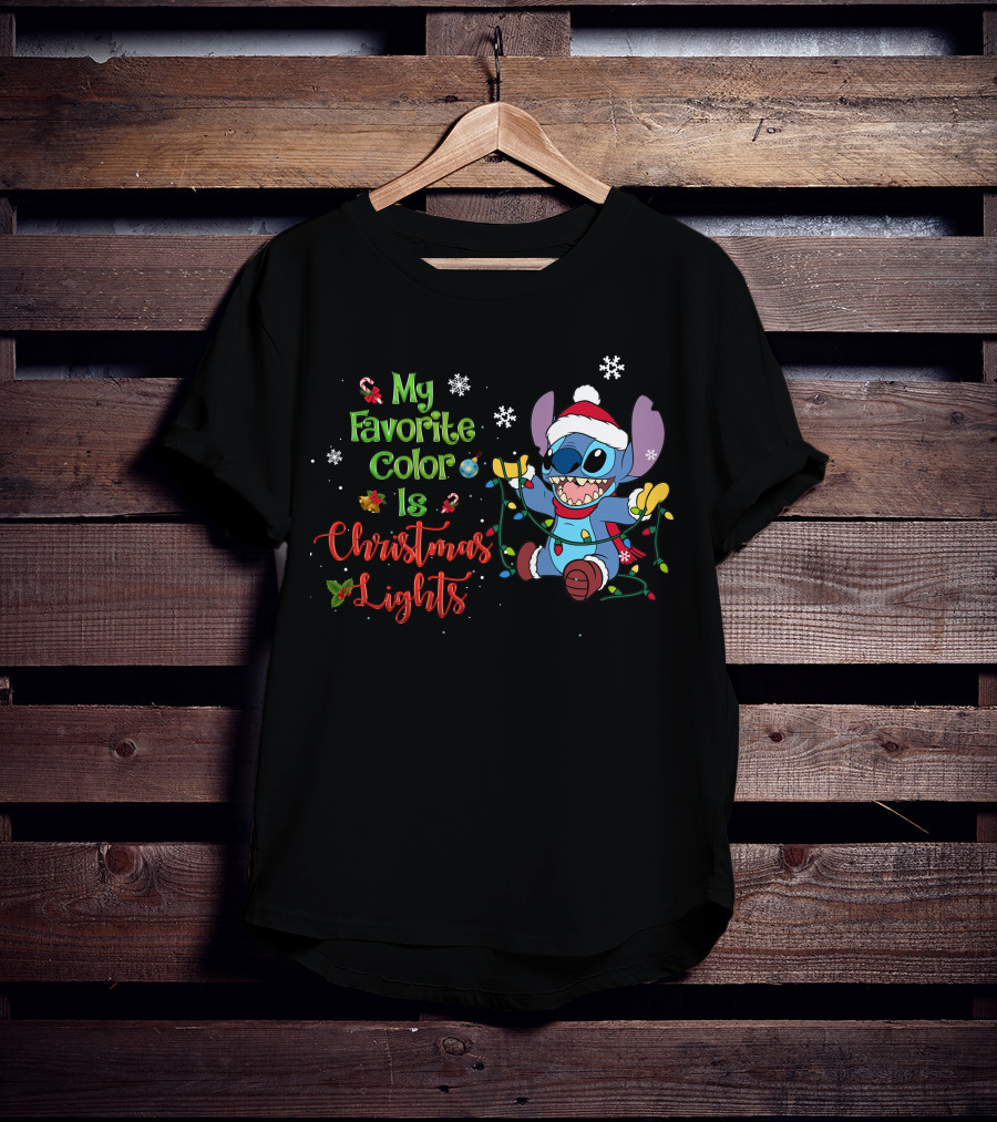 My Favorite Color Is Christmas Lights Stitch Holiday Lights Snowflakes Santa Hat T-Shirt