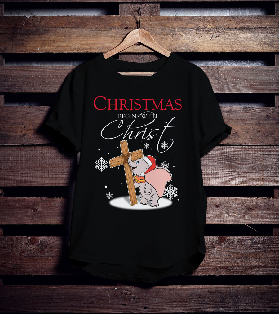 Christmas Begins With Christ Dumbo Santa Hat Cross Snowflakes T-Shirt