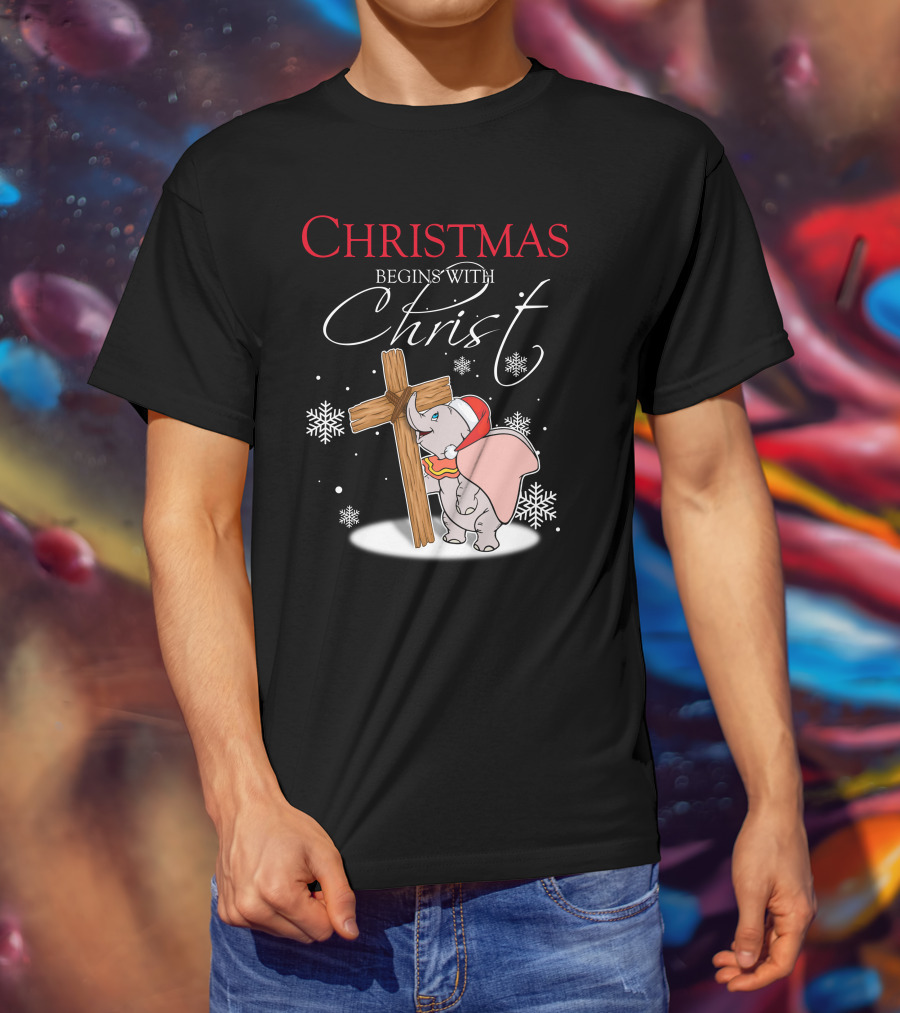 Christmas Begins With Christ Dumbo Santa Hat Cross Snowflakes T-Shirt
