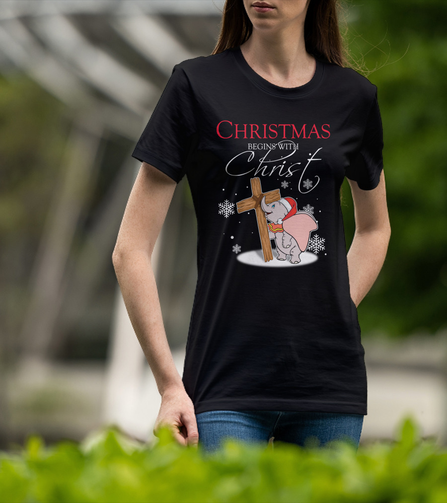 Christmas Begins With Christ Dumbo Santa Hat Cross Snowflakes T-Shirt