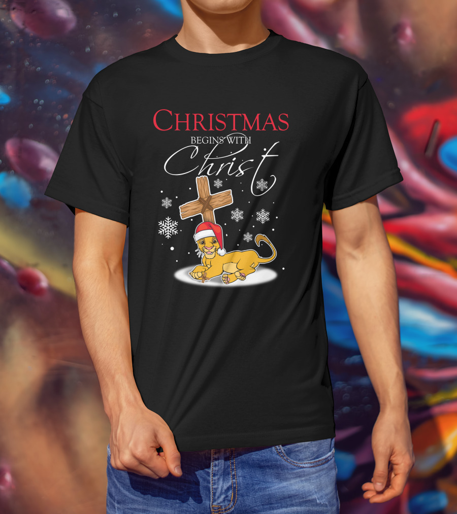 Christmas Begins With Christ Simba Snowflakes Santa Hat T-Shirt