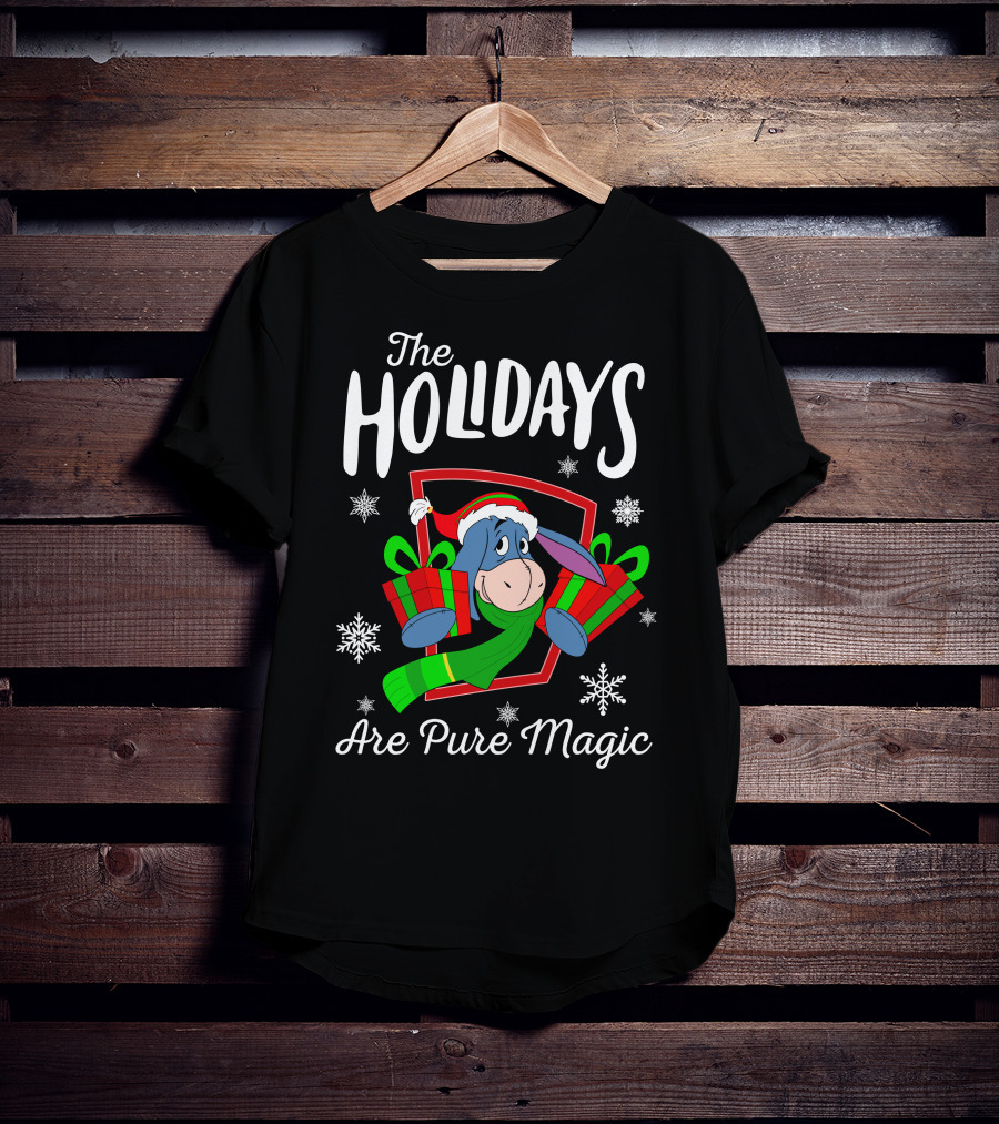 The Holidays Are Pure Magic Eeyore Wearing Santa Hat And Scarf Snowflakes And Presents T-Shirt