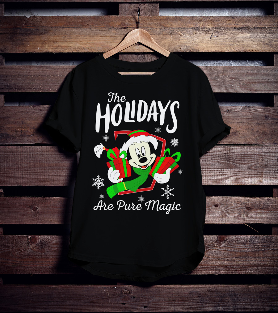 The Holidays Are Pure Magic Mickey Mouse Holding Gifts Snowflakes T-Shirt