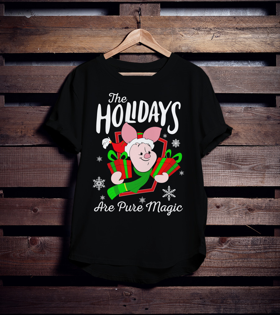 The Holidays Are Pure Magic Piglet Snowflakes Presents Santa Hat T-Shirt