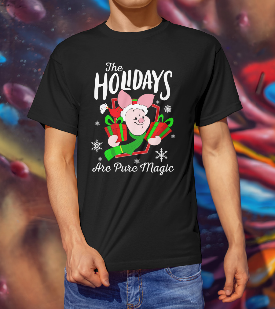 The Holidays Are Pure Magic Piglet Snowflakes Presents Santa Hat T-Shirt