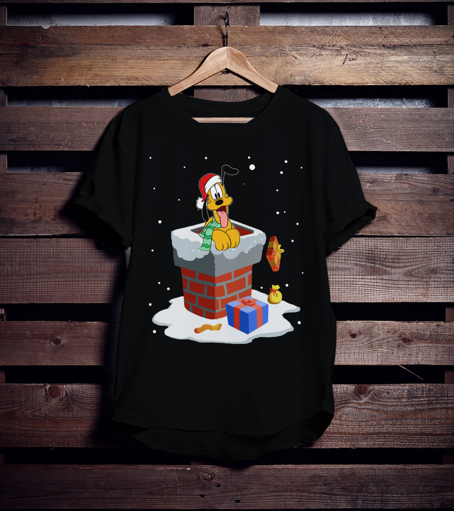 Pluto Christmas Chimney Santa Hat Holiday Scene T-Shirt