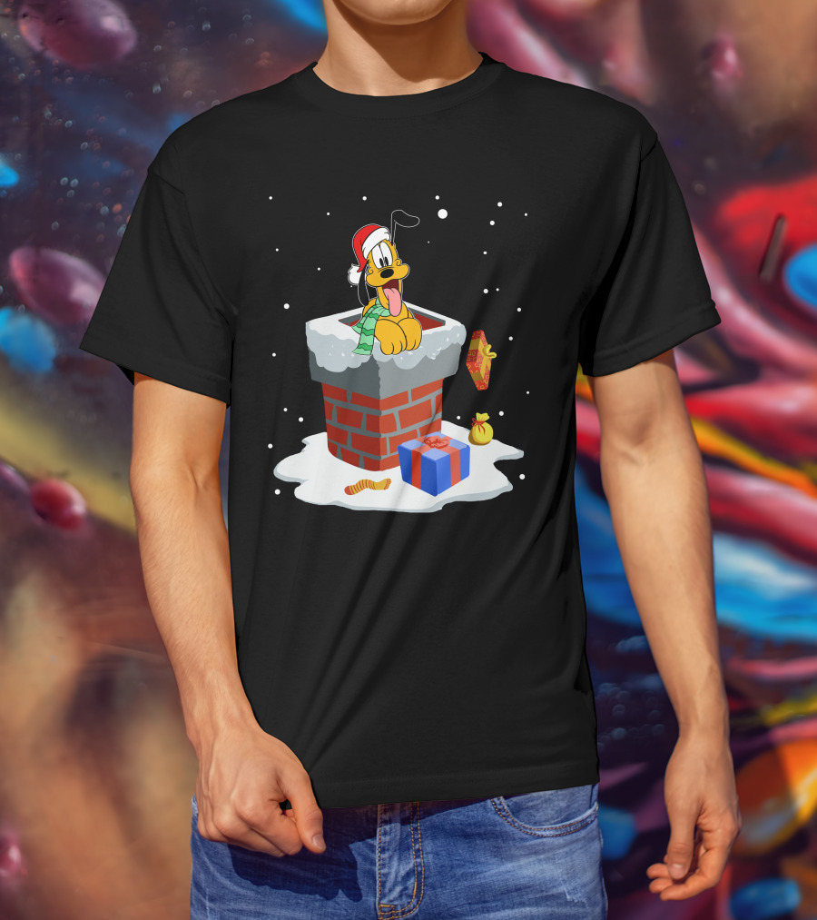 Pluto Christmas Chimney Santa Hat Holiday Scene T-Shirt