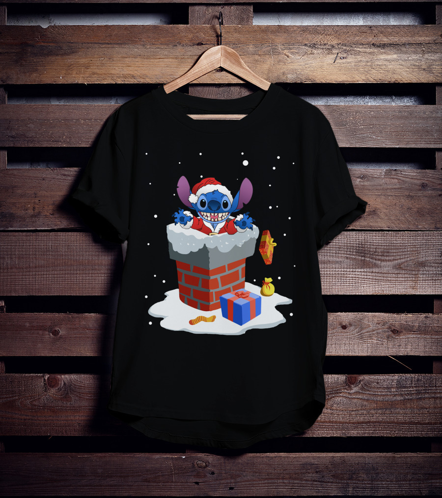Santa Stitch Christmas Chimney Snow Scene T-Shirt
