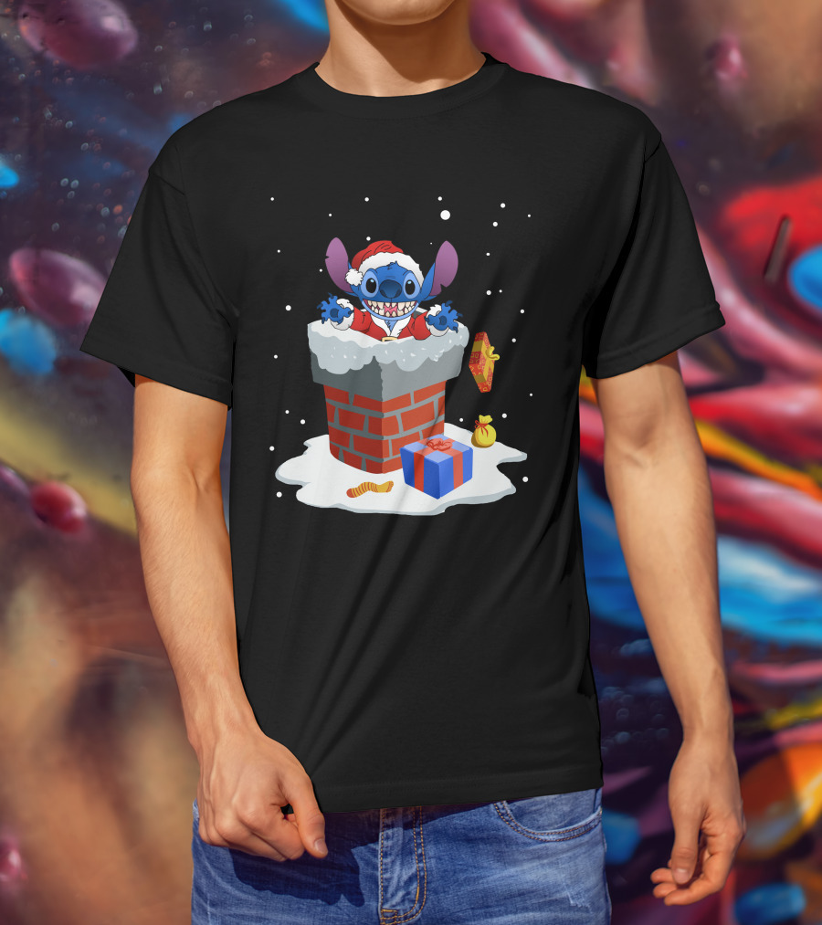 Santa Stitch Christmas Chimney Snow Scene T-Shirt