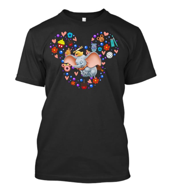 Dumbo With Mickey Mouse Icon And Colorful Desserts And Flowers T-Shirt