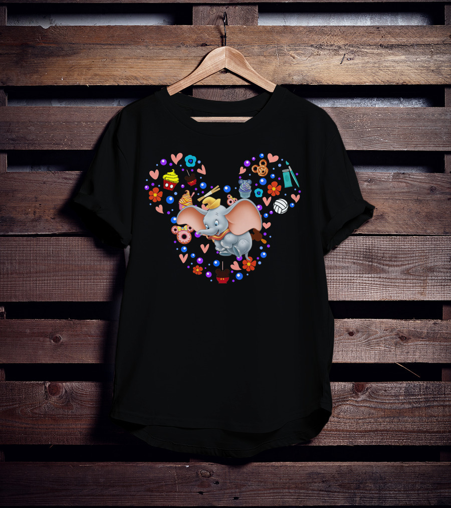 Dumbo With Mickey Mouse Icon And Colorful Desserts And Flowers T-Shirt