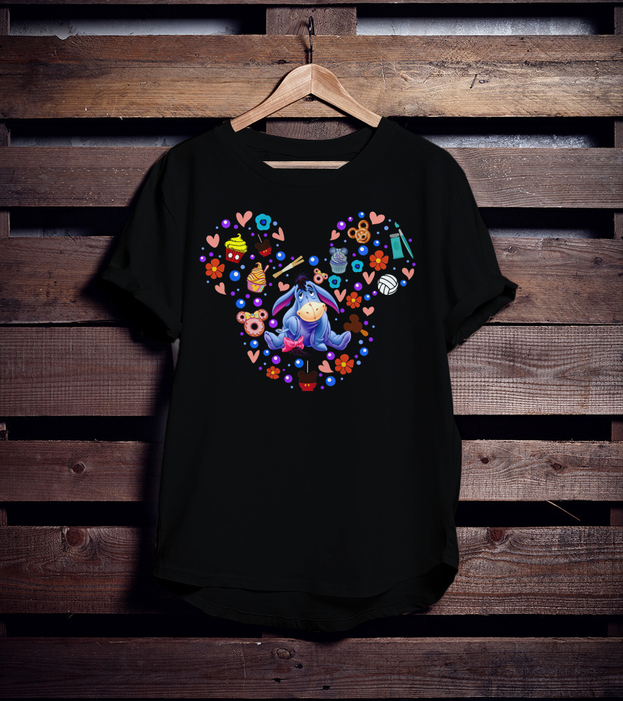 Eeyore Surrounded By Colorful Hearts And Treats In Iconic Mouse Head Shape T-Shirt