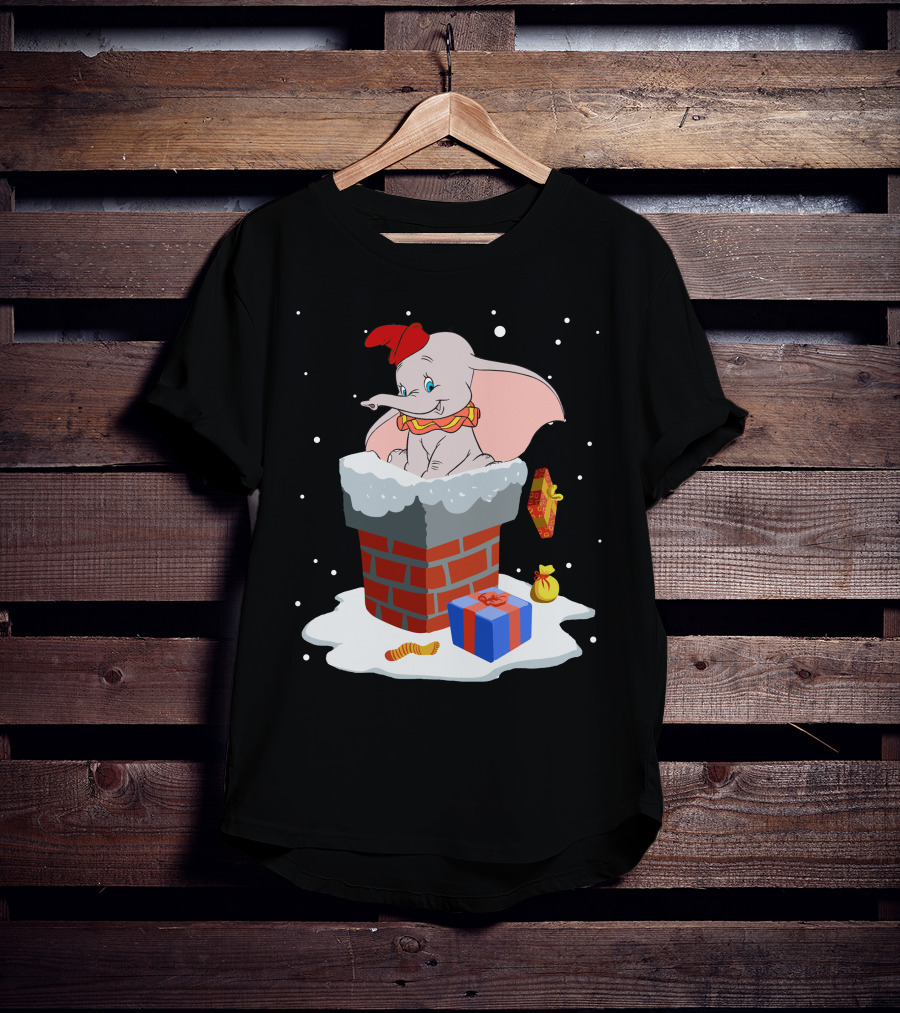Dumbo Christmas Chimney Scene With Gifts And Snowflakes T-Shirt