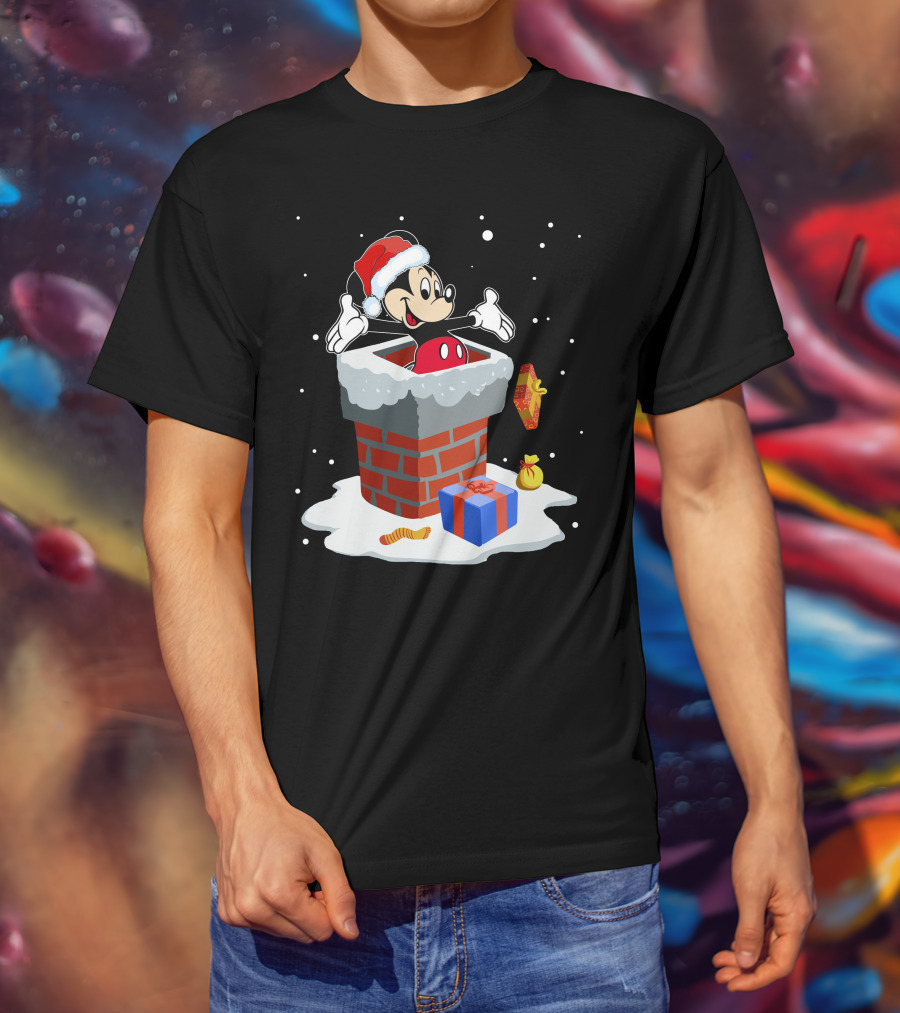 Mickey In Santa Hat Exiting Chimney With Gifts And Snow T-Shirt