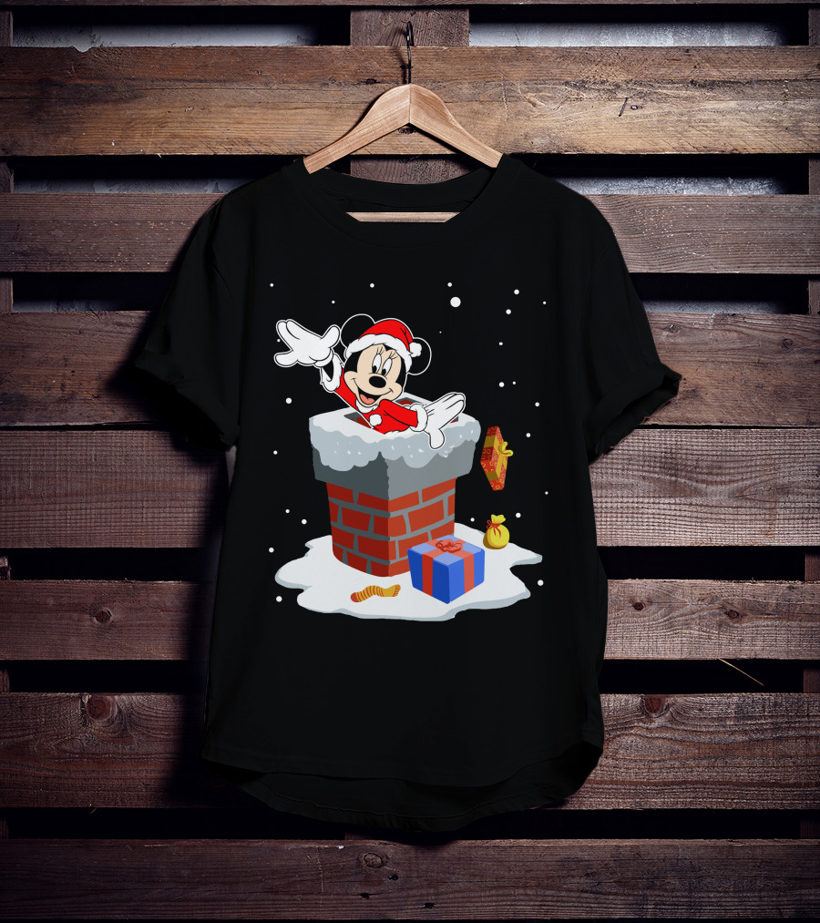 Minnie Mouse Santa In Chimney With Christmas Gifts And Snowflakes T-Shirt