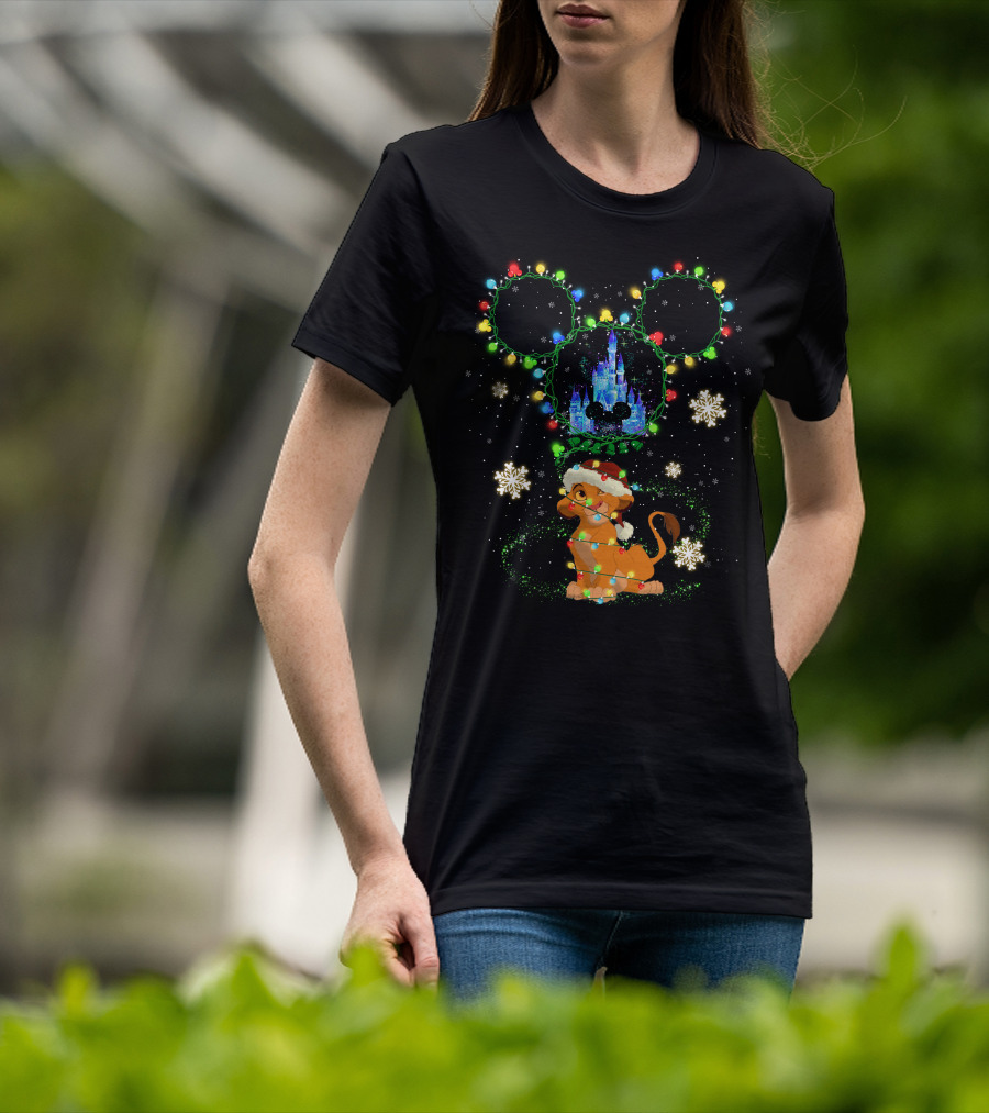 Simba Christmas Disney Castle Mickey Ears Lights Snowflakes T-Shirt