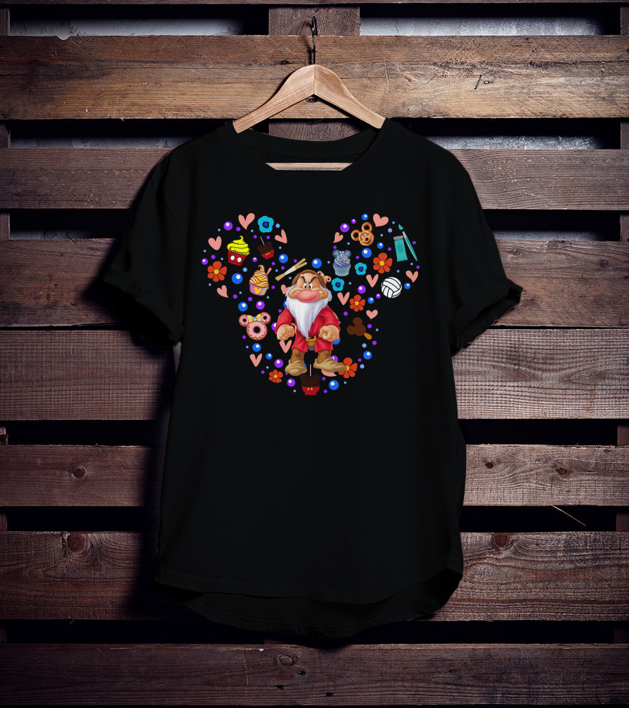 Grumpy Dwarf With Mickey-Shaped Sweets And Colorful Floral Hearts T-Shirt