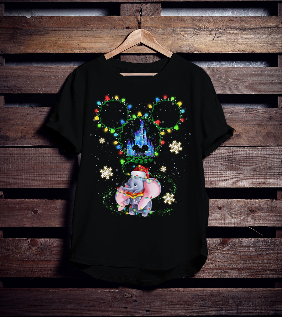 Christmas Dumbo With Castle And Mickey String Lights T-Shirt