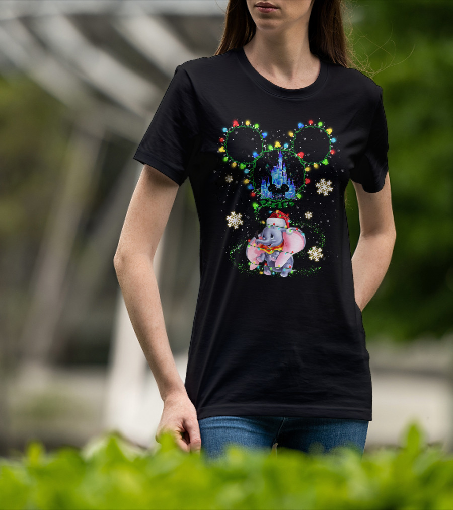 Christmas Dumbo With Castle And Mickey String Lights T-Shirt