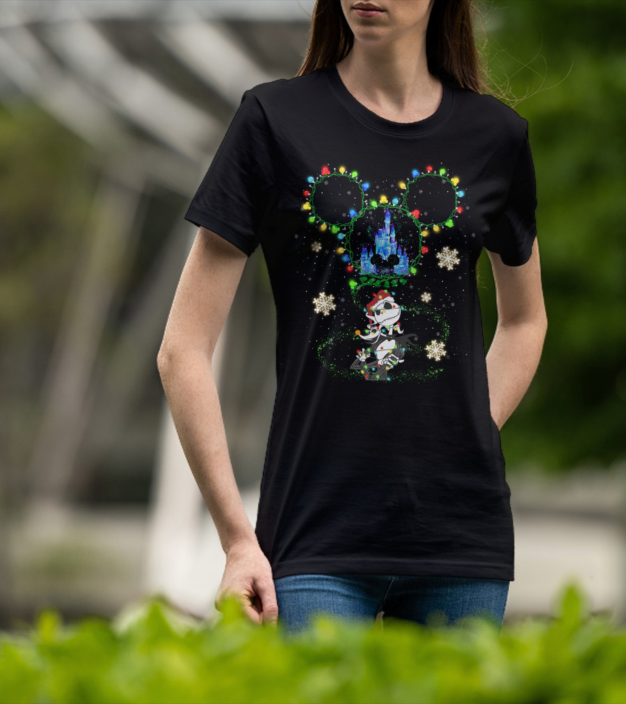 Jack Skellington Christmas Castle Mickey Lights Snowflakes T-Shirt