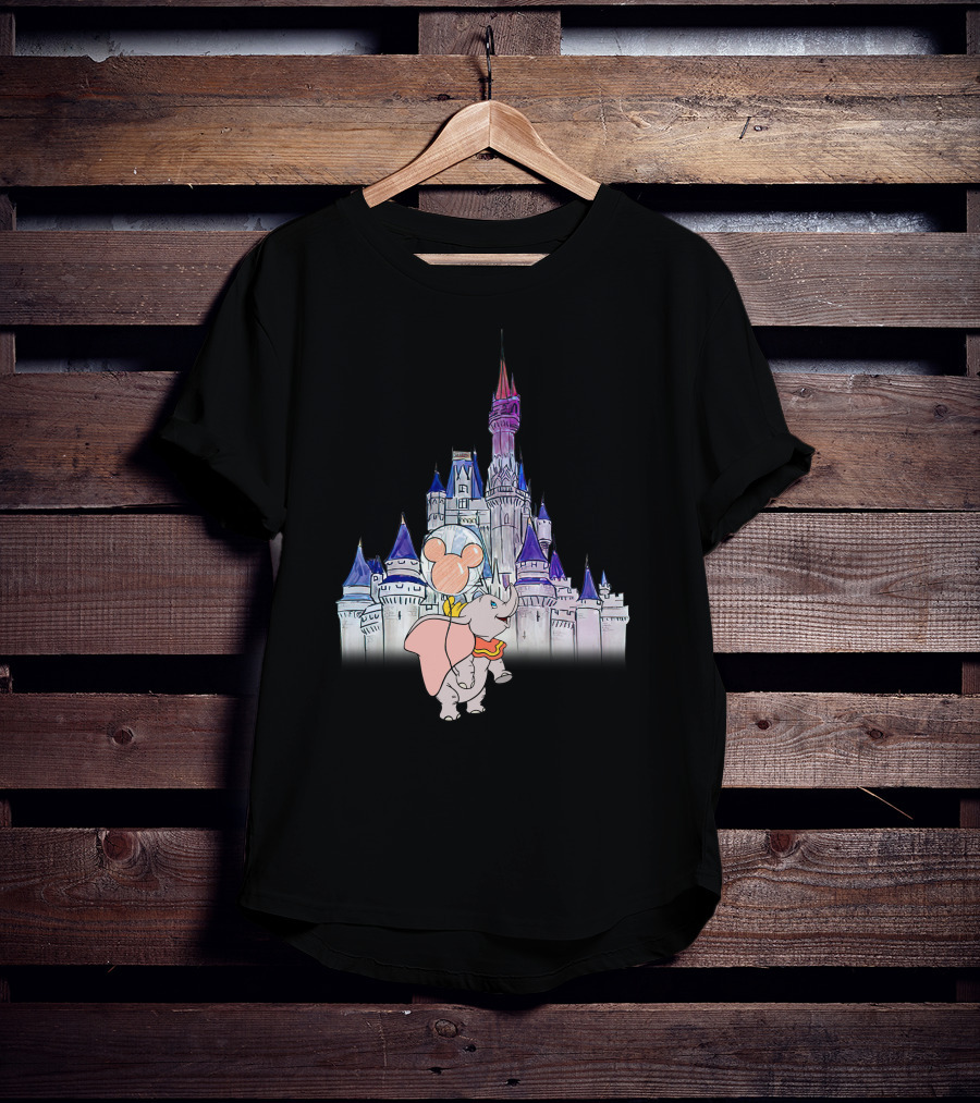 Dumbo With Mickey Balloon In Front Of Disney Castle T-Shirt