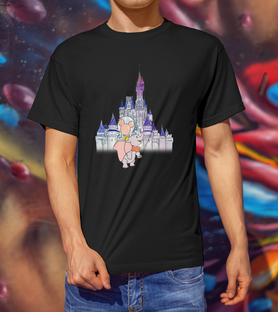 Dumbo With Mickey Balloon In Front Of Disney Castle T-Shirt
