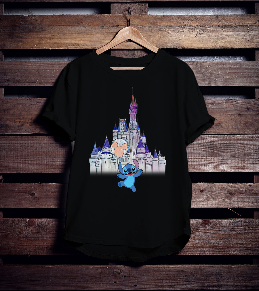 Stitch At Enchanted Disney Castle With Mickey Balloon T-Shirt