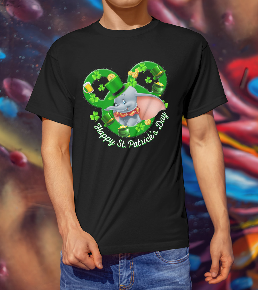 Dumbo Happy St. Patrick's Day With Shamrocks And Leprechaun Hat T-Shirt