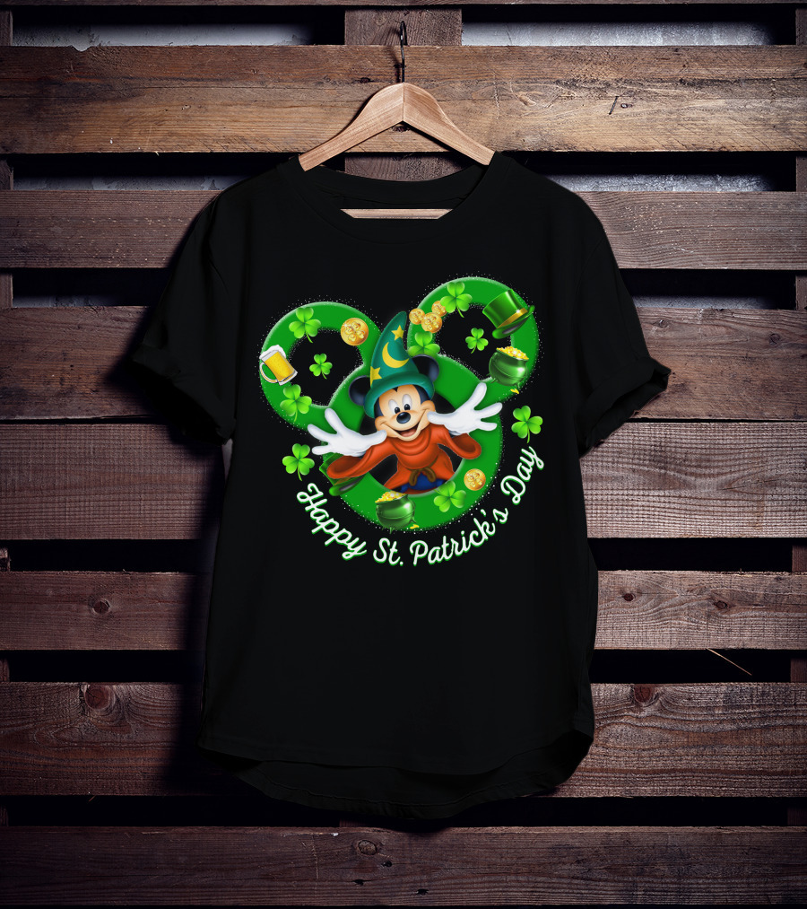 Happy St. Patrick's Day Mickey Fantasia Magic Hat Clover Coins T-Shirt