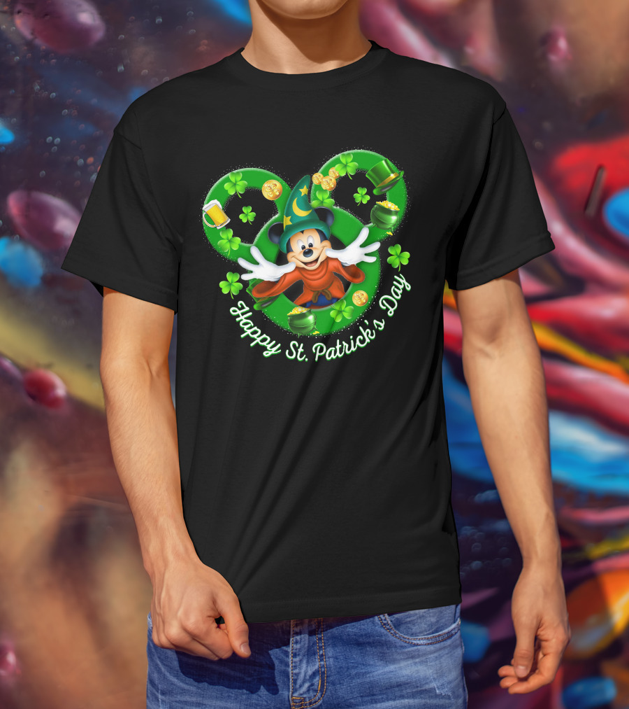 Happy St. Patrick's Day Mickey Fantasia Magic Hat Clover Coins T-Shirt
