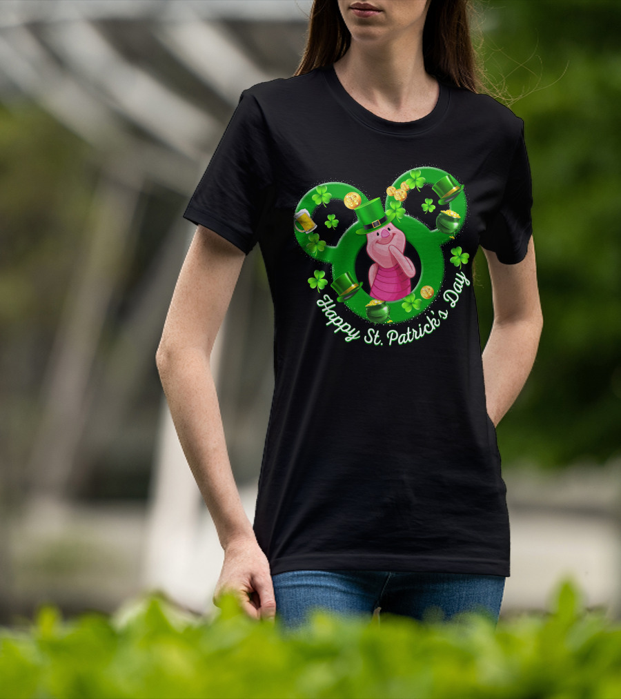 Piglet Happy St. Patrick’s Day Mickey Ears Shamrocks Coins Hat T-Shirt