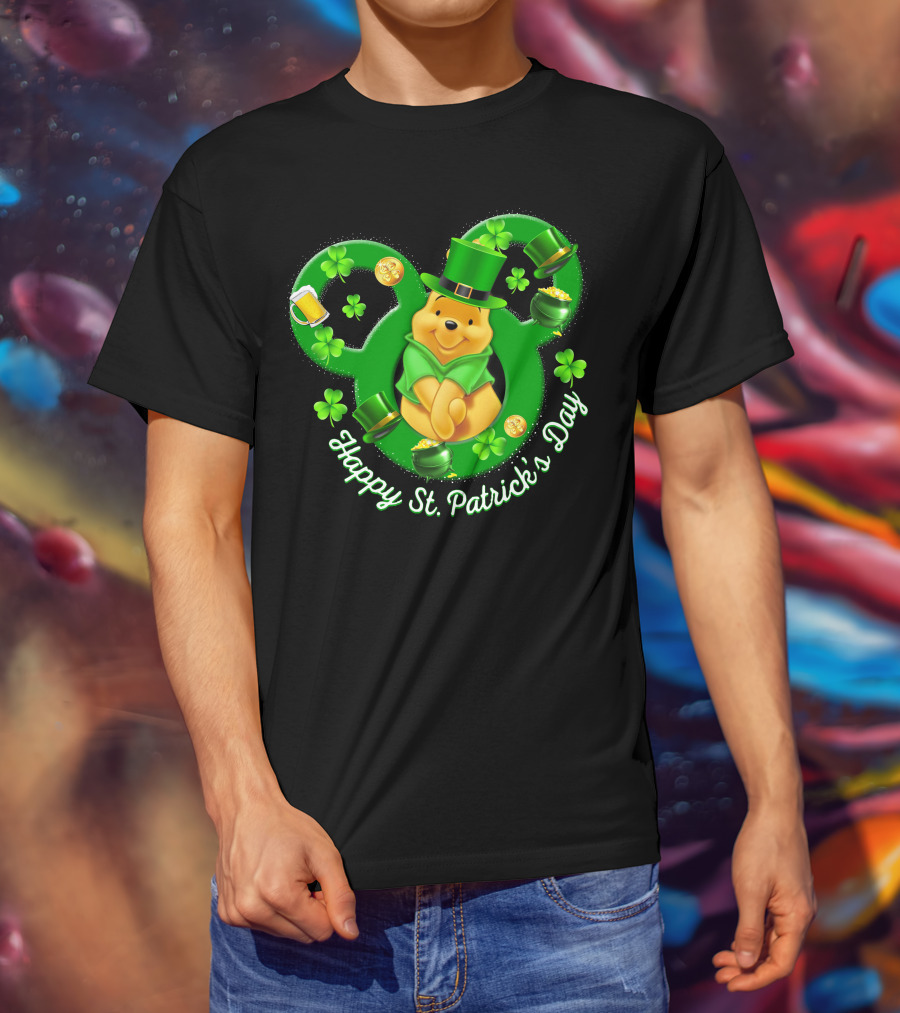 Happy St. Patrick's Day Pooh Bear With Leprechaun Hat And Shamrocks T-Shirt