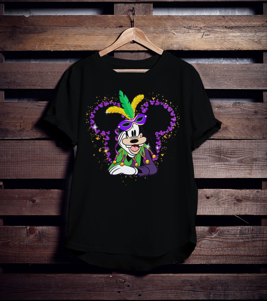 Goofy Mardi Gras Disney Mickey Ears Sparkle Feathers Mask T-Shirt