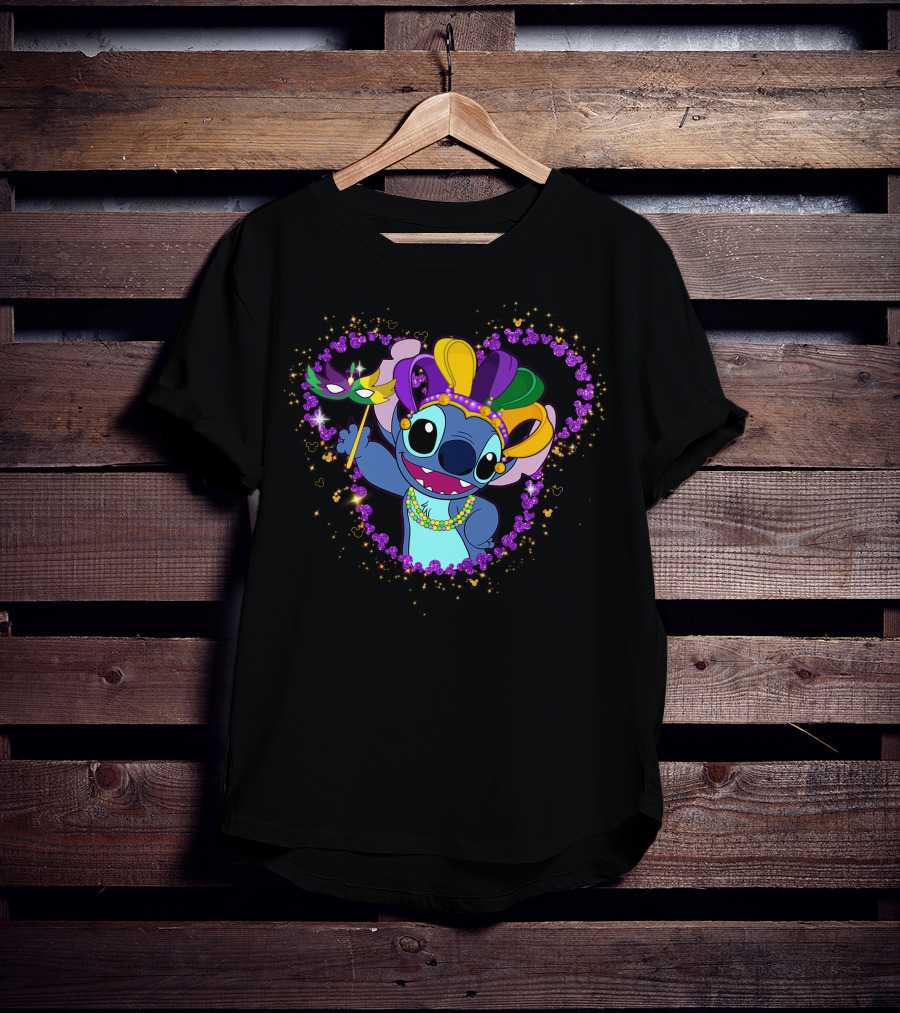 Stitch Mardi Gras Celebration With Mask And Beads In Purple Heart Frame T-Shirt