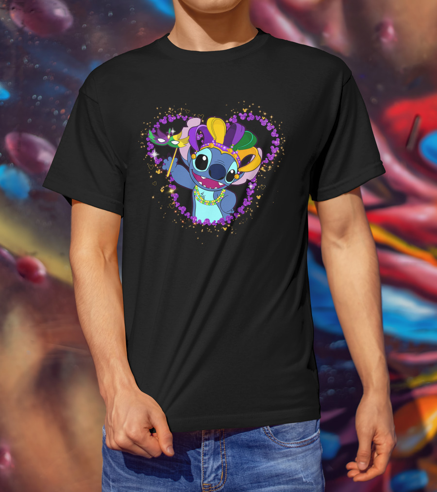 Stitch Mardi Gras Celebration With Mask And Beads In Purple Heart Frame T-Shirt