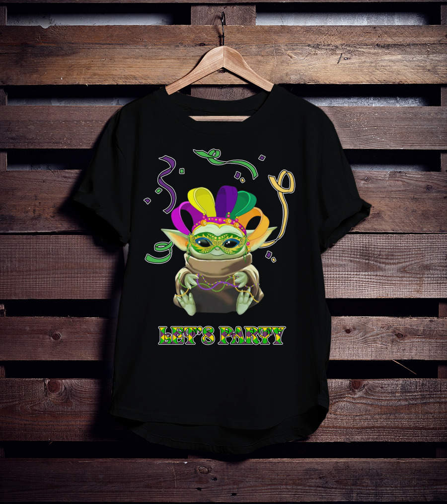 Baby Yoda Let's Party Mardi Gras Mask And Beads T-Shirt