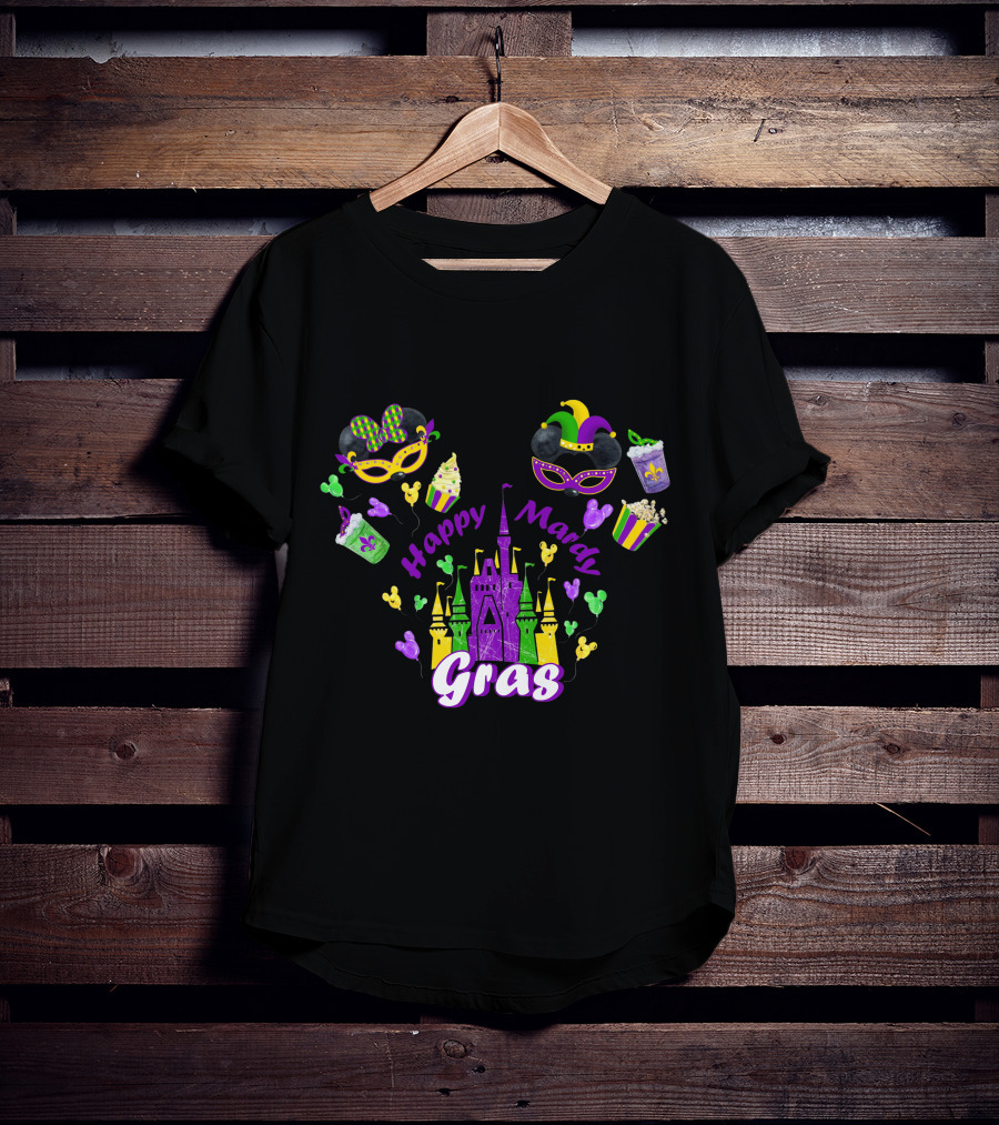 Happy Mardi Gras Castle Celebration With Mask And Snack Icons T-Shirt