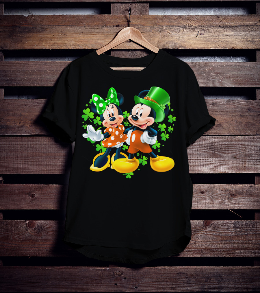 Mickey And Minnie With Shamrocks In Green And Orange Outfits T-Shirt