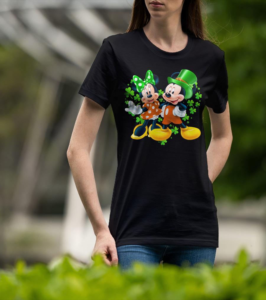 Mickey And Minnie With Shamrocks In Green And Orange Outfits T-Shirt