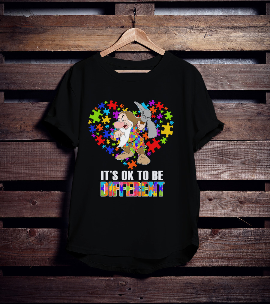 It's Ok To Be Different Grumpy Dwarf With Puzzle Piece Heart T-Shirt