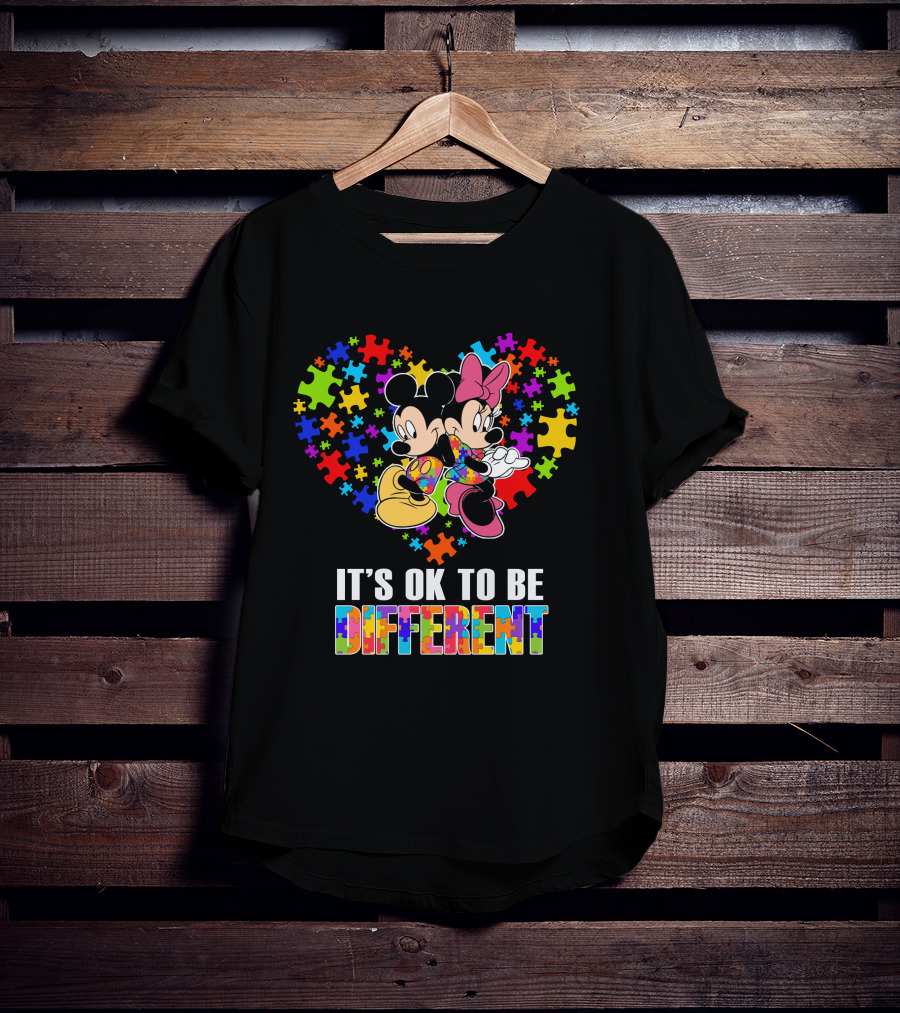 Mickey Minnie It's Ok To Be Different Puzzle Pieces Heart T-Shirt