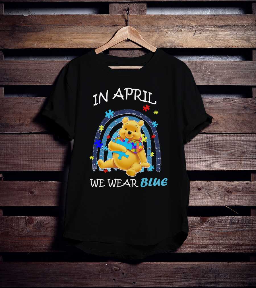 In April We Wear Blue Pooh Puzzle Autism Awareness T-Shirt