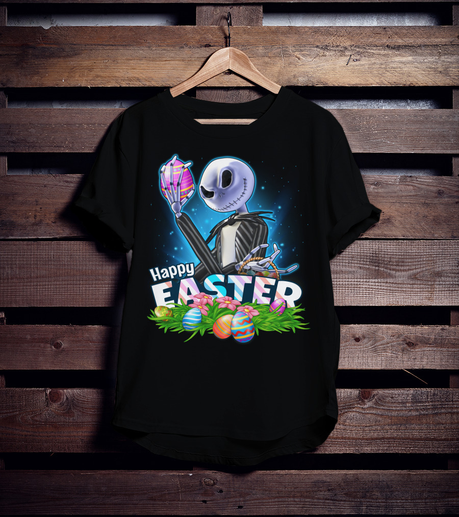 JACK SKELLINGTON Happy Easter With Colorful Eggs And Flowers T-Shirt