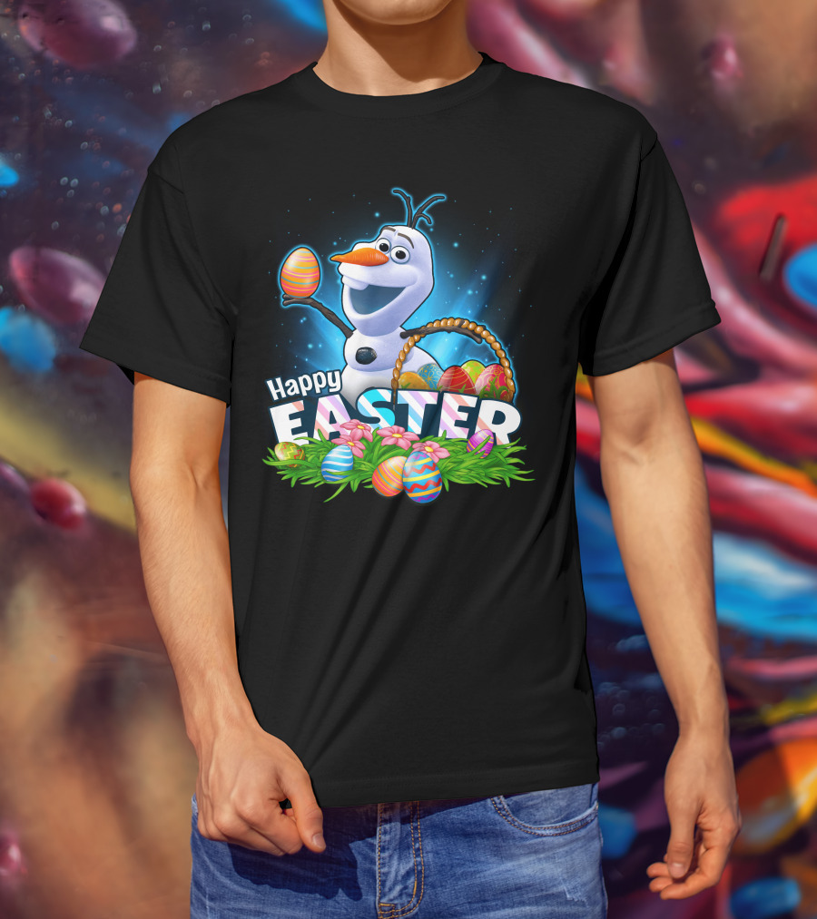 Happy Easter Olaf With Colorful Eggs And Basket T-Shirt