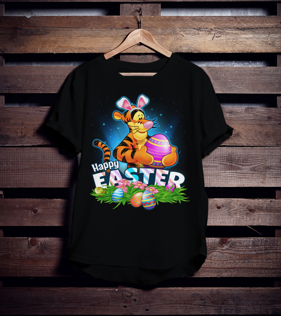 Happy Easter Tigger With Colorful Eggs And Bunny Ears T-Shirt